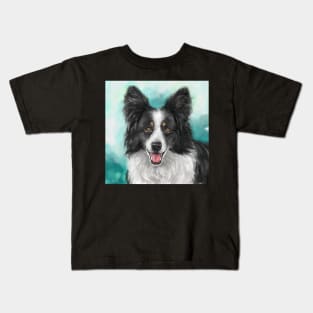 Painting of a Smiling Black and White Border Collie Dog on a Turquoise Background Kids T-Shirt